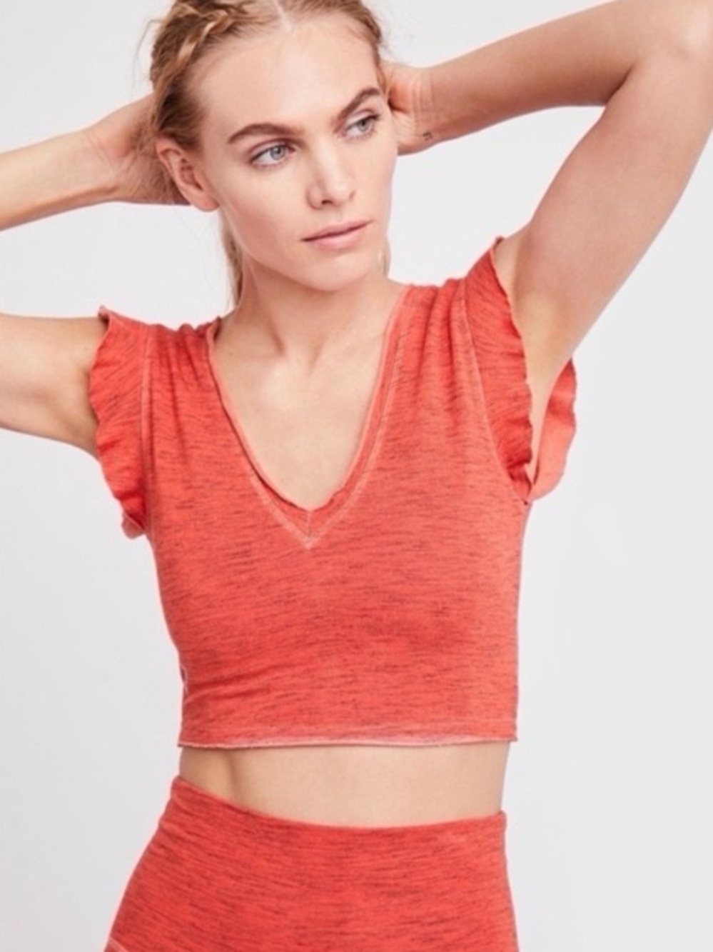 FP Movement by Free People Orange Ruffle Sleeve V-Neck Crop Top Sz Small